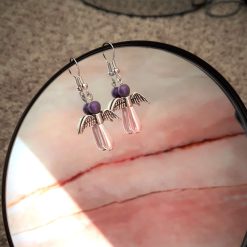Pink angel earrings, Teardrop glass pearls, purple angel earrings, silver angel wings, 8