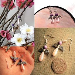 Pink angel earrings, Teardrop glass pearls, purple angel earrings, silver angel wings, 12