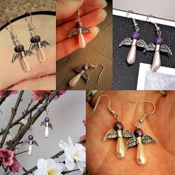 Pink angel earrings, Teardrop glass pearls, purple angel earrings, silver angel wings, 13