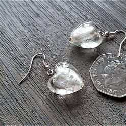 Large white glass heart drop earrings, heart earrings, glass earrings, white hearts, white earrings