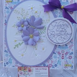 Luxury Handmade Birthday - Happy Birthday - Pretty Amethyst Oval embossed flower centre panel & bow