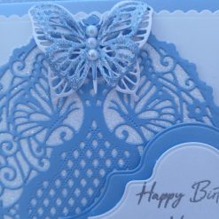 Luxury Handmade Birthday - Happy Birthday - Have a wonderful day - Pastel blue, elegant butterfly lace panel with flower 2