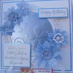 Luxury Handmade Birthday - Happy Birthday - basket weave embossed background, lacey edged circular, flower embossed panel with vellum flower sprays & sentiments