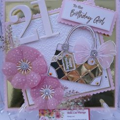 Luxury Handmade Birthday - 21 - To the Birthday Girl - Gold studded handbag & spray of pink vellum flowers