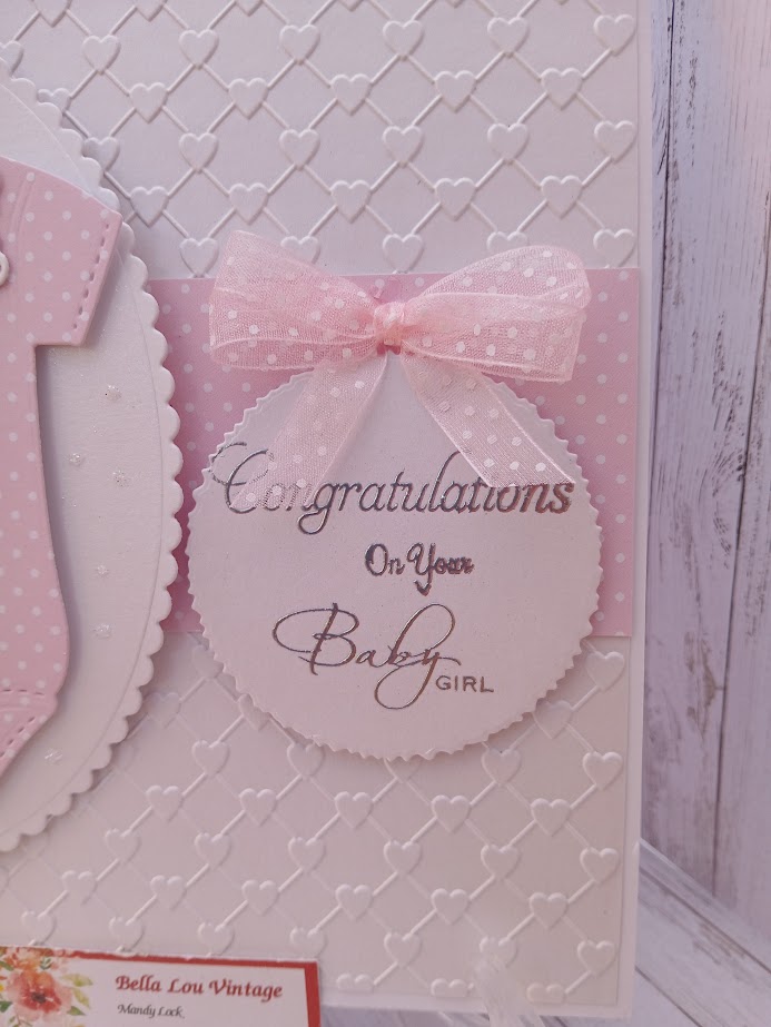 Luxury Handmade Baby Girl - Congratulations on your Baby Girl - White & pink onesie with embossed heart background Luxury Handmade Baby Girl - Congratulations on your Baby Girl - White & pink onesie with embossed heart background