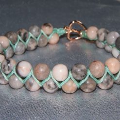 Zigzag Pink Zebra Jasper on Aquamarine Macramé Style Bracelet