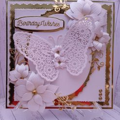 Luxury Handmade Birthday - White Filagree butterfly, Birthday Wishes with rippled flower sprays