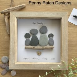 Handmade Personalised Family Pebble Art Picture. White or Rustic Wood  frame. Free Postage. Personalised Family Friends Perfect Gift Item.