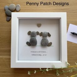 Framed dog doggie pebble picture. Dog lovers handmade gift item. Pebble art. Free postage. Personalised present. White or rustic wood frame.