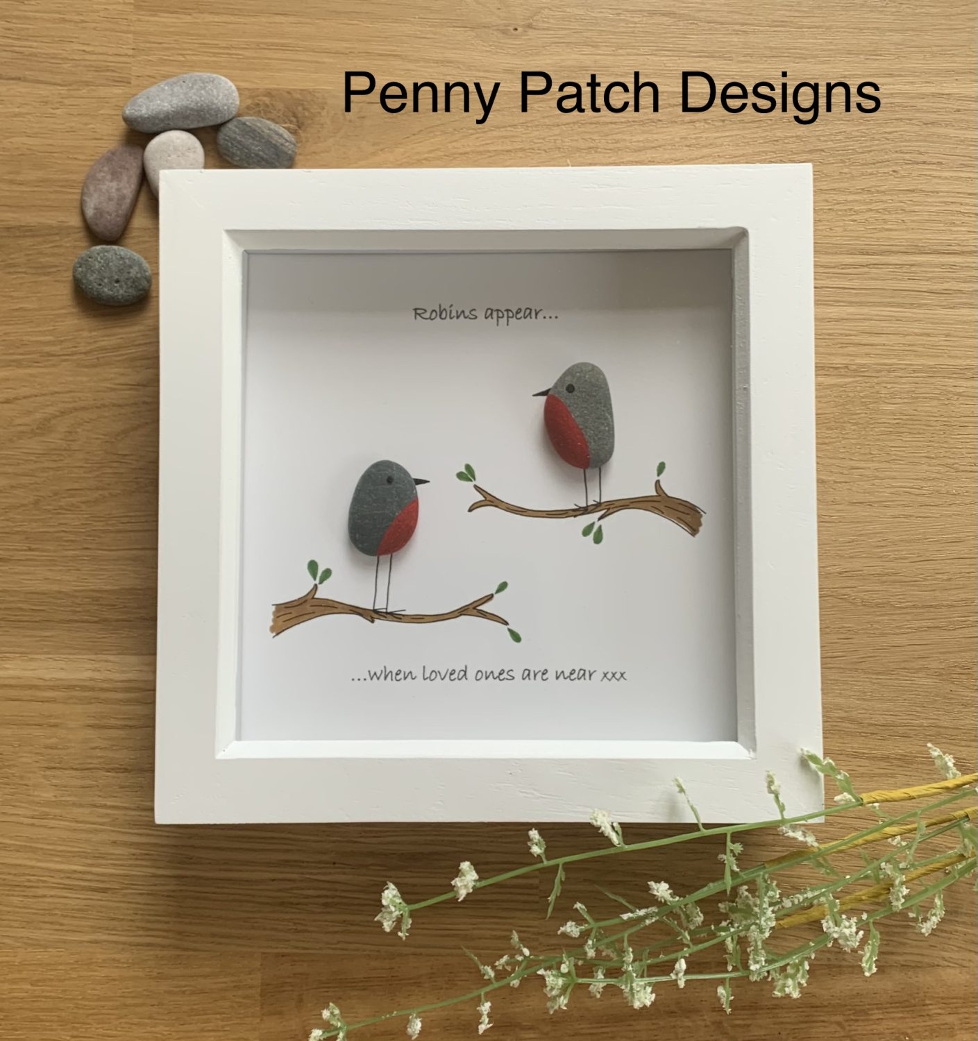 Framed Robin pebble art picture. Handmade Sympathy gift. Robins appear when loved ones are near. White or rustic wood frame. Free postage. Framed Robin pebble art picture. Handmade Sympathy gift. Robins appear when loved ones are near. White or rustic wood frame. Free postage.