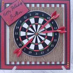 Luxury Handmade Birthday - Darts-Themed Card for Dads - black and red base, wood grain embossed background