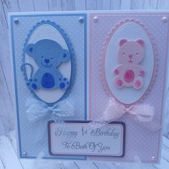 Luxury Handmade - Twins 1st Birthday Card - Blue, Pink & White with Bear & Monkey Embellishments