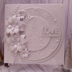 Luxury Handmade Christmas Card - White on White - Poinsettia spray with fern foliage, Christmas tree & poinsettia circle.