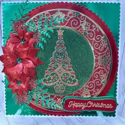Luxury Handmade Christmas Card - Red, Gold & Green - Poinsettia spray with fern foliage, Christmas tree & poinsettia circle.