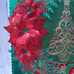 Luxury Handmade Christmas Card - Red, Gold & Green - Poinsettia spray with fern foliage, Christmas tree & poinsettia circle. 3