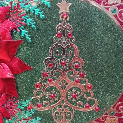 Luxury Handmade Christmas Card - Red, Gold & Green - Poinsettia spray with fern foliage, Christmas tree & poinsettia circle. 2
