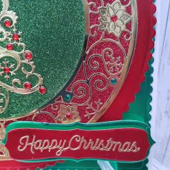 Luxury Handmade Christmas Card - Red, Gold & Green - Poinsettia spray with fern foliage, Christmas tree & poinsettia circle. 1