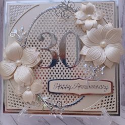 Luxury Handmade Card - Happy Anniversary - Silver 30 with lattice oval & corners, rippled bloom sprays of flowers