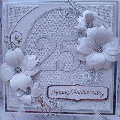 Luxury Handmade Card - Happy Anniversary - Silver 25 with lattice oval & corners, rippled bloom sprays of flowers