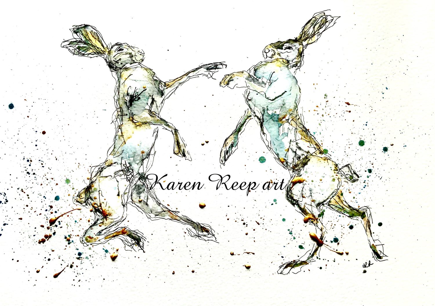 Golden Hares , A3 print , signed by Artist Karen Reep Golden Hares , A3 print , signed by Artist Karen Reep
