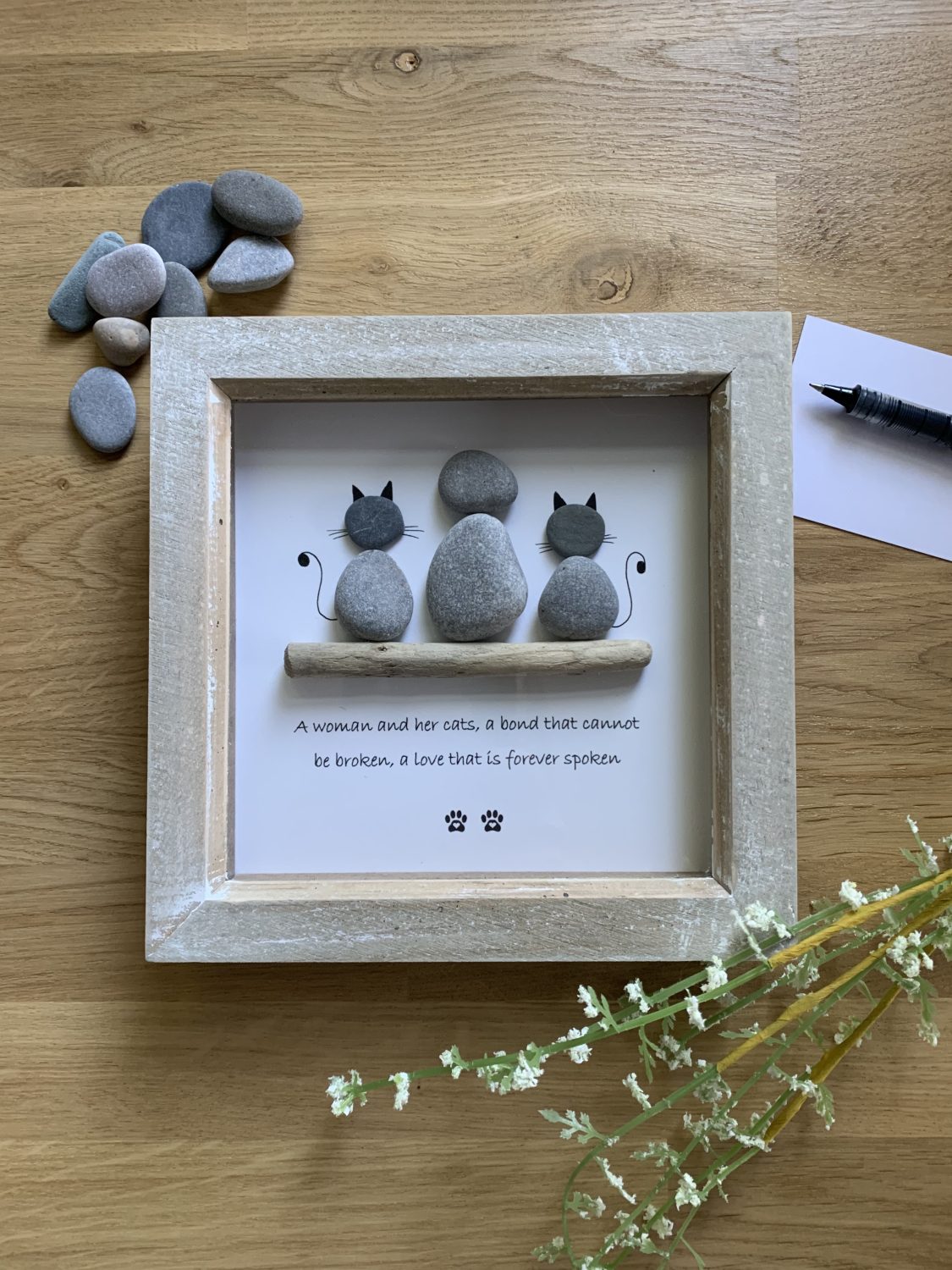 Personalised pet pebble art picture. Cat Dog Human Person handmade gift item. 7x7”. Free postage. White or Rustic Wood Frame. Personalised pet pebble art picture. Cat Dog Human Person handmade gift item. 7x7”. Free postage. White or Rustic Wood Frame.