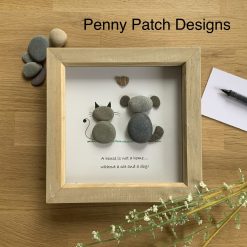 Framed cat and dog pebble picture. Dog lovers handmade gift item. Pebble art. Free postage. Personalised present. White or rustic wood frame.