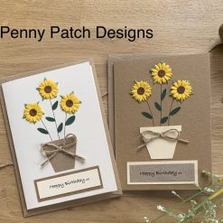 Sunflower Flower Pot Handmade Card. Great for any occasion, free personalisation and free postage. Brown or Cream card. Recyclable.