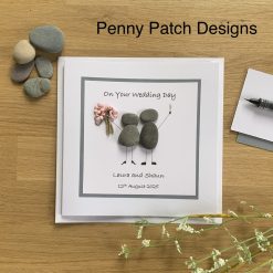 Handmade individual Wedding Engagement Anniversary Pebble Card. Bride Groom Fiancé gift card. Personalised for free. Free postage, boxed.
