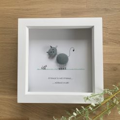 Framed cat mouse pebble art picture. Cat lovers handmade gift item . Pebble art. Free postage. Personalised. White or rustic wood frame.