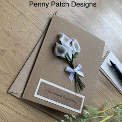 Personalised Cala Lily Flower WITH DEEPEST SYMPATHY Card, recycled card and envelope,handmade with love, recyclable. Brown or Cream card