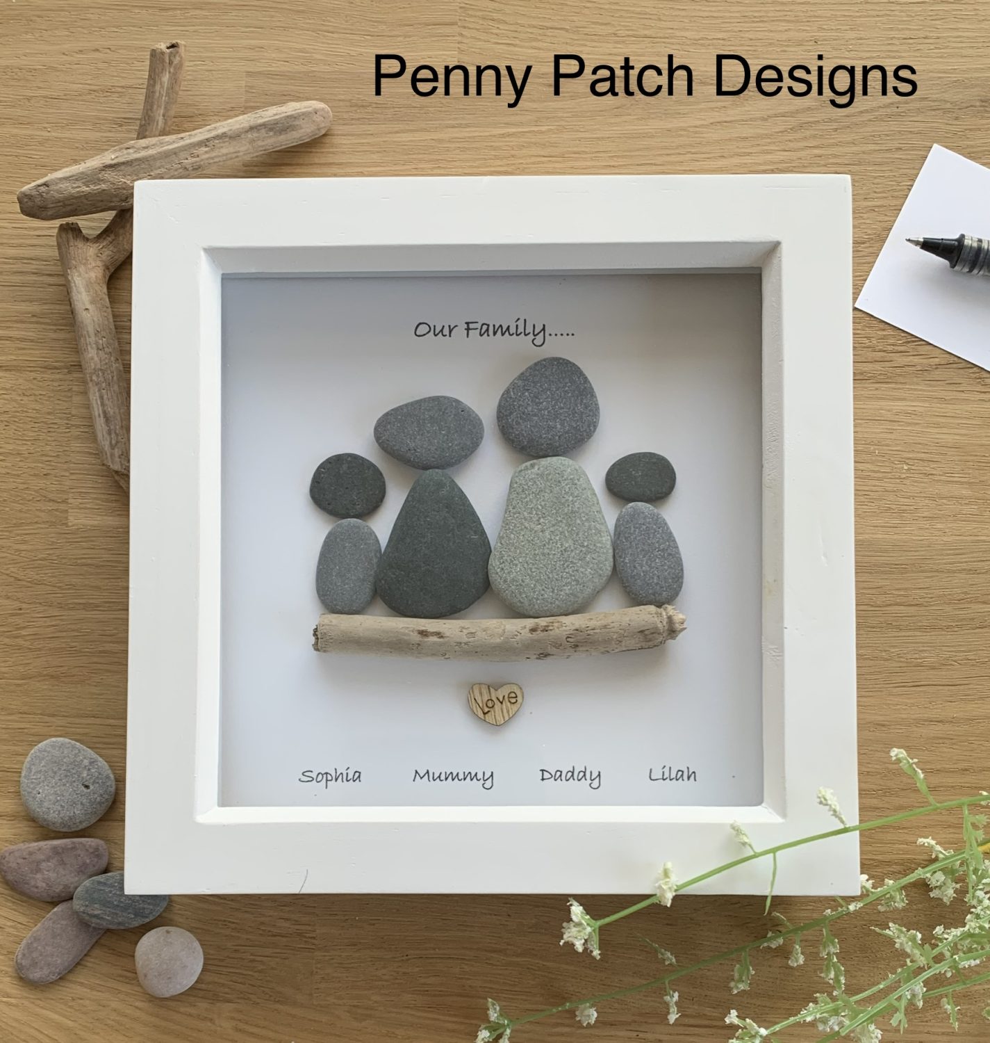 Handmade Personalised Family Pebble Art Picture. White or Rustic Wood frame. Free Postage. Personalised Family Friends Perfect Gift Item. Handmade Personalised Family Pebble Art Picture. White or Rustic Wood frame. Free Postage. Personalised Family Friends Perfect Gift Item.