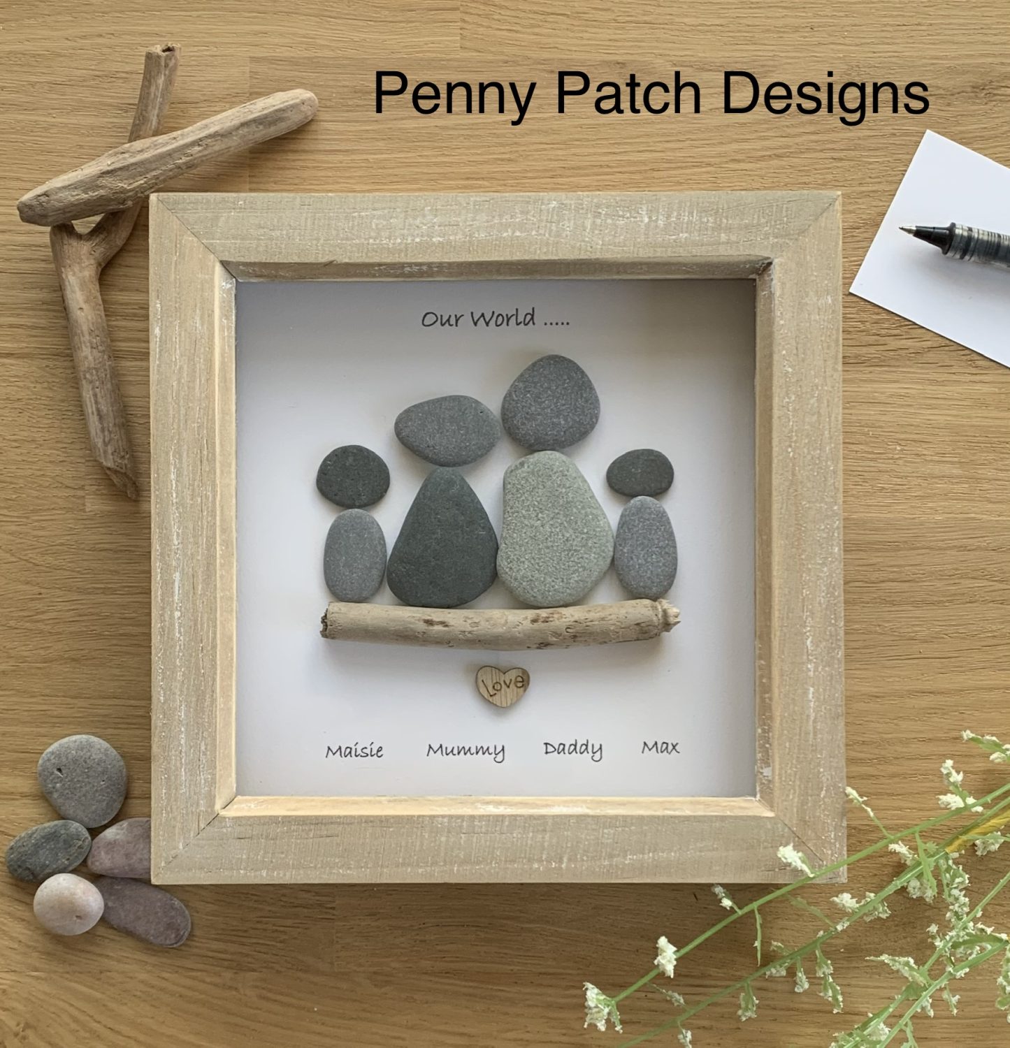 Handmade Personalised Family Pebble Art Picture. White or Rustic Wood frame. Free Postage. Personalised Family Friends Perfect Gift Item. Handmade Personalised Family Pebble Art Picture. White or Rustic Wood frame. Free Postage. Personalised Family Friends Perfect Gift Item.