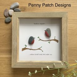 Framed Robin pebble art picture. Handmade Sympathy gift. Robins appear when loved ones are near. White or rustic wood frame. Free postage.