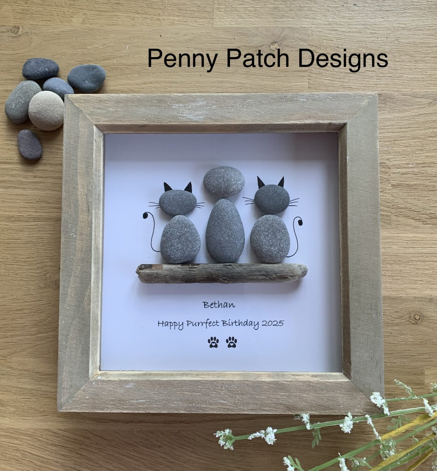 Personalised pet pebble art picture. Cat Dog Human Person handmade gift item. 7x7”. Free postage. White or Rustic Wood Frame. Personalised pet pebble art picture. Cat Dog Human Person handmade gift item. 7x7”. Free postage. White or Rustic Wood Frame.