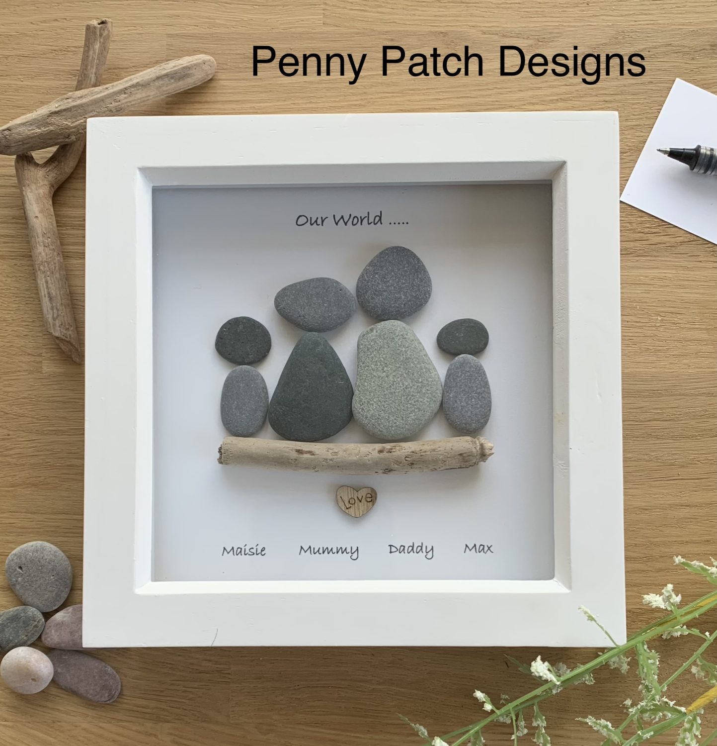 Handmade Personalised Family Pebble Art Picture. White or Rustic Wood frame. Free Postage. Personalised Family Friends Perfect Gift Item. Handmade Personalised Family Pebble Art Picture. White or Rustic Wood frame. Free Postage. Personalised Family Friends Perfect Gift Item.