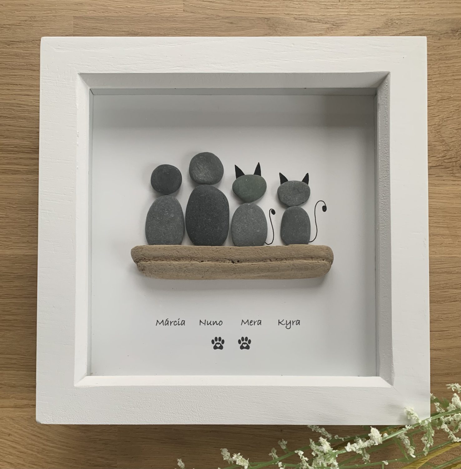 Personalised pet pebble art picture. Cat Dog Human Person handmade gift item. 7x7”. Free postage. White or Rustic Wood Frame. Personalised pet pebble art picture. Cat Dog Human Person handmade gift item. 7x7”. Free postage. White or Rustic Wood Frame.