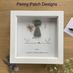 Personalised flower girl pebble art picture. Handmade birthday gift item for mum sister, daughter,friend,any age. White or Rustic wood frame.