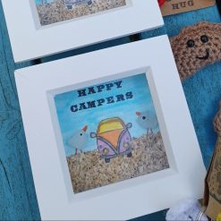 Small Happy Camper Cornish Sea Glass Framed Campervan Sea GullPicture Sea Beach Handmade Watercolour Handpainted Gift