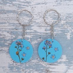 1 x Cornish Forget Me Not Flower Keyring Ooak Wood Handmade Gifts Pressed Flowers