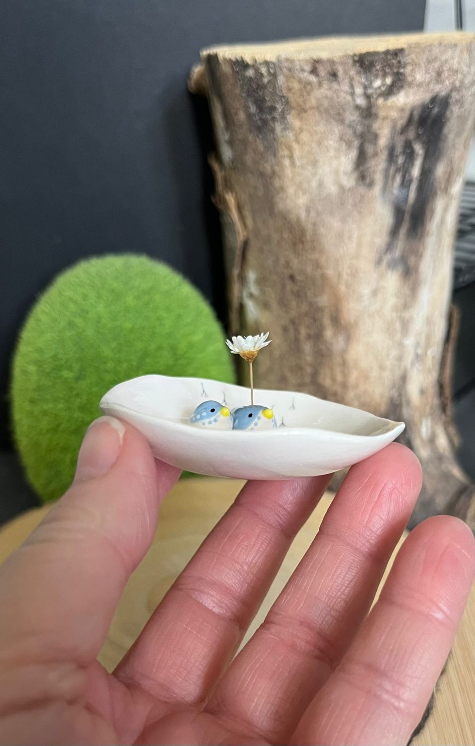 Handmade ceramic trinket dish with tiny blue birds Handmade ceramic trinket dish with tiny blue birds