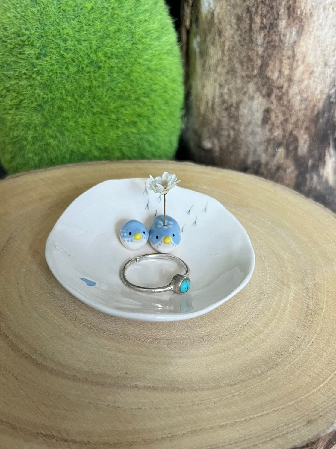 Handmade ceramic trinket dish with tiny blue birds Handmade ceramic trinket dish with tiny blue birds