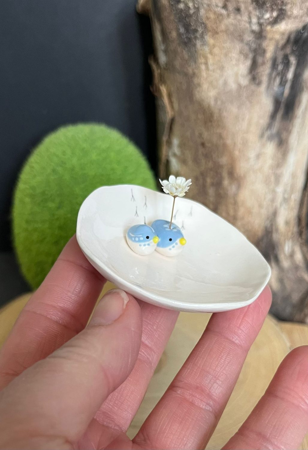 Handmade ceramic trinket dish with tiny blue birds Handmade ceramic trinket dish with tiny blue birds