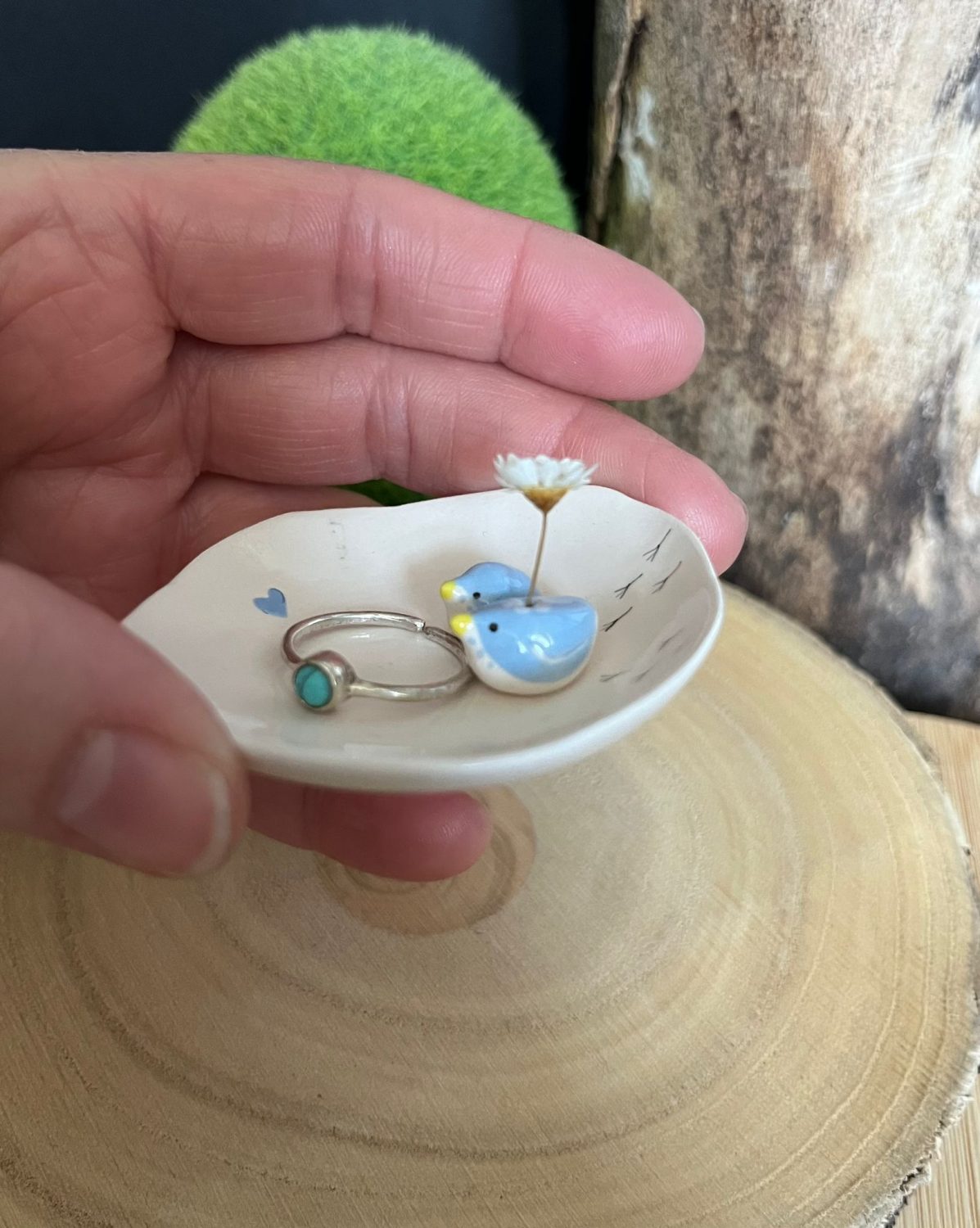 Handmade ceramic trinket dish with tiny blue birds Handmade ceramic trinket dish with tiny blue birds