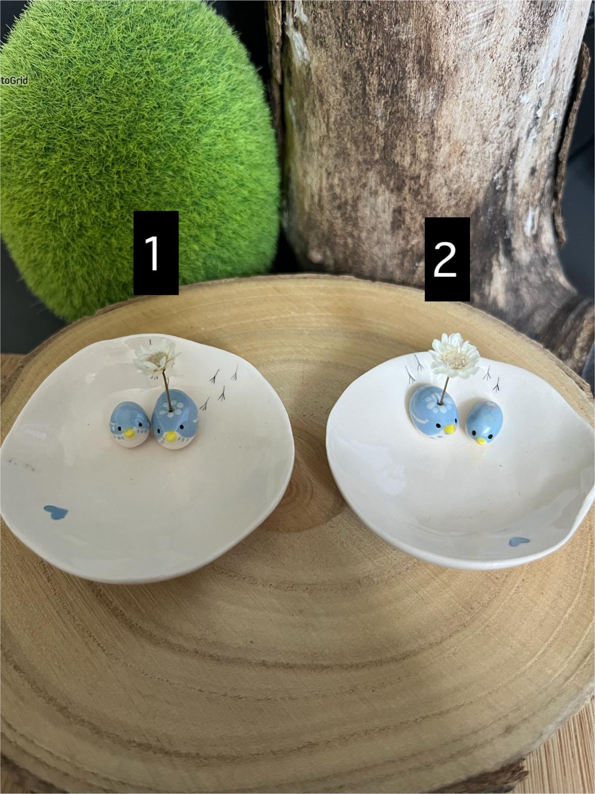 Handmade ceramic trinket dish with tiny blue birds Handmade ceramic trinket dish with tiny blue birds