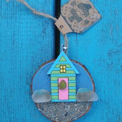 Beach Hut Cornish Sea Glass Log Slice Hanging Decoration Handmade Handpainted Nautical Gift