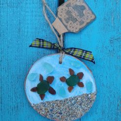 Sea Turtle Cornish Sea Glass Log Slice Hanging Decoration Handmade Handpainted Nautical Sealife Animal Gift