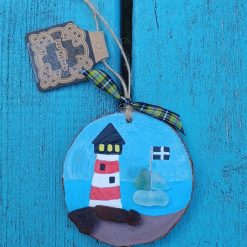 Lighthouse Boat Cornish Sea Glass Log Slice Nautical Ocean Hanging Decoration Handmade Cornwall Handpainted Nautical Gift