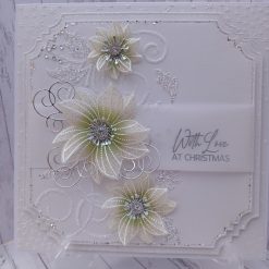 Luxury Handmade Christmas Card - White star-embossed background, layered panels, glittered Christmas roses with diamante centres