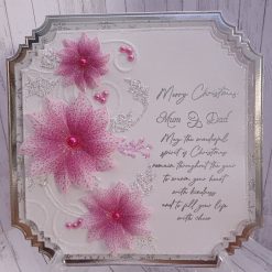 Luxury Handmade Christmas Card - gilded edge shaped card, layered panels, edged in glitter, enhanced by glittered pink Christmas roses with beaded centres