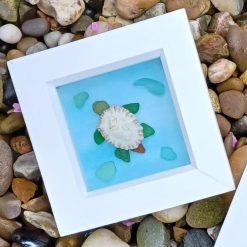 Small Sea Turtle Cornish Sea Glass Framed Picture Sealife Sea Beach Handmade Watercolour Handpainted Gift